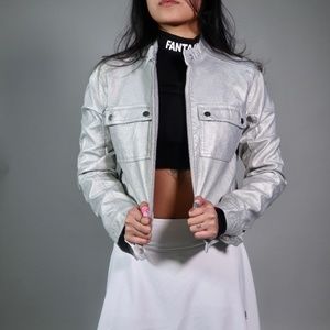 Metallic Silver Faux Leather Moto Biker Jacket